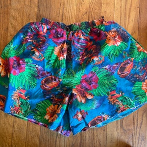Vintage 90&#39;s Bright Tropical Floral High Waisted Baggy Rayon Elastic Waist Crop Pants S M