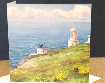 Pendeen Lighthouse Greetings Card, watercolour, square, blank inside, Cornwall