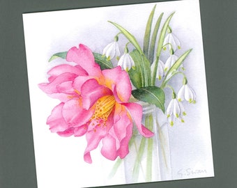 Camellia and Snowflakes - Greetings Card, watercolour, square, blank inside