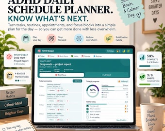 ADHD-planerare | Daglig schemaplanerare med hjärndump och tidsblockering | ADHD digital planerare för fokusläge och produktivitet | Kalendervy