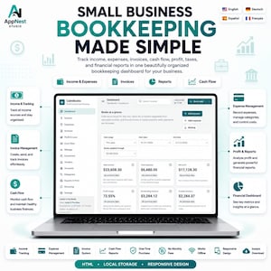 Può includere: Un computer portatile che mostra la dashboard di contabilità CalmBooks con metriche finanziarie, monitoraggio di entrate e uscite. Lo schermo visualizza il testo Small Business Bookkeeping Made Simple e varie opzioni di menu.