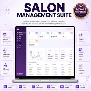Può includere: Un portatile che mostra una dashboard Salon Management Suite con elementi dell'interfaccia viola e bianchi. Lo schermo mostra tendenze dei ricavi, elenchi di appuntamenti e dati del personale. Un badge dorato nell'angolo recita Pay Once Use Forever.