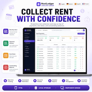 Puede incluir: Una pantalla de ordenador muestra la interfaz del software HostLedger Landlord Ledger para pagos de alquiler. El panel muestra el alquiler total recaudado, estados de pago y una lista de transacciones. Texto: Collect Rent With Confidence.