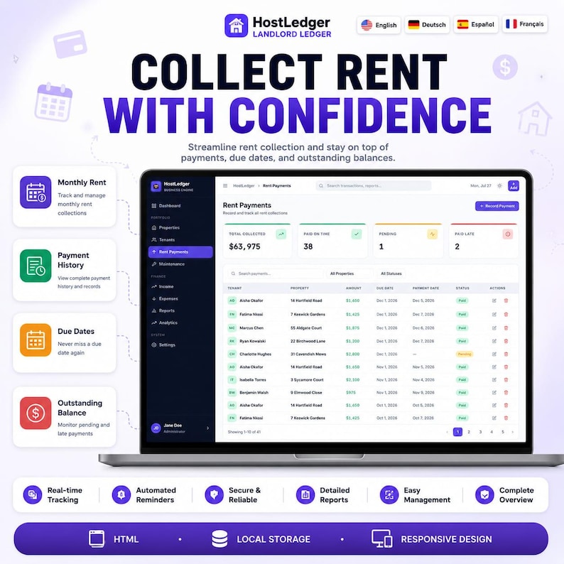 Puede incluir: Una pantalla de ordenador muestra la interfaz del software HostLedger Landlord Ledger para pagos de alquiler. El panel muestra el alquiler total recaudado, estados de pago y una lista de transacciones. Texto: Collect Rent With Confidence.