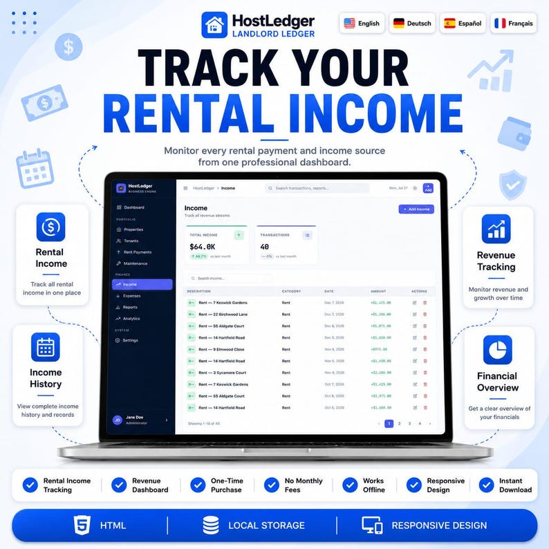 Puede incluir: Una pantalla de ordenador port&aacute;til que muestra el panel de control de HostLedger Landlord Ledger para el seguimiento de ingresos por alquiler. La interfaz muestra una lista de transacciones, ingresos totales y m&eacute;tricas financieras. Iconos y textos resaltan funciones como seguimiento de ingresos, historial y dise&ntilde;o responsivo.