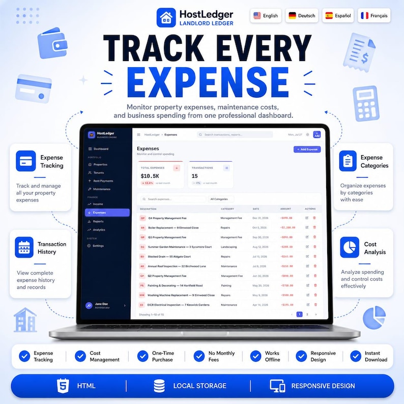 Puede incluir: Un ordenador port&aacute;til que muestra el panel de control de HostLedger Landlord Ledger con el texto TRACK EVERY EXPENSE. La pantalla muestra funciones de seguimiento de gastos, historial de transacciones, categor&iacute;as de gastos y an&aacute;lisis de costes con iconos.