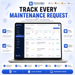 Puede incluir: Un port&aacute;til que muestra el panel de control del software HostLedger Landlord Ledger para el seguimiento de solicitudes de mantenimiento, &oacute;rdenes de trabajo y reparaciones de propiedades. La interfaz muestra columnas de propiedad, tipo, descripci&oacute;n, coste, fecha y estado, con iconos para solicitudes de reparaci&oacute;n, seguimiento de estado, &oacute;rdenes de trabajo e historial de servicio.