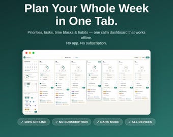 Webbapp för veckoplanerare | Offline produktivitetsinstrumentpanel, vanespårare, tidsblockering och aktivitetshanterare Direkt digital nedladdning