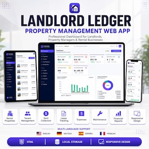 May include: A Landlord Ledger property management web app interface displayed on a laptop, tablet, and smartphone. The dashboard shows financial data, rent collected, and occupancy rates. Below are icons for rental properties and management tools.