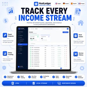Puede incluir: Una interfaz de panel digital para el software HostLedger Landlord Ledger mostrada en una pantalla de port&aacute;til. La pantalla muestra una p&aacute;gina de seguimiento de ingresos con datos financieros, rodeada de iconos de gesti&oacute;n.