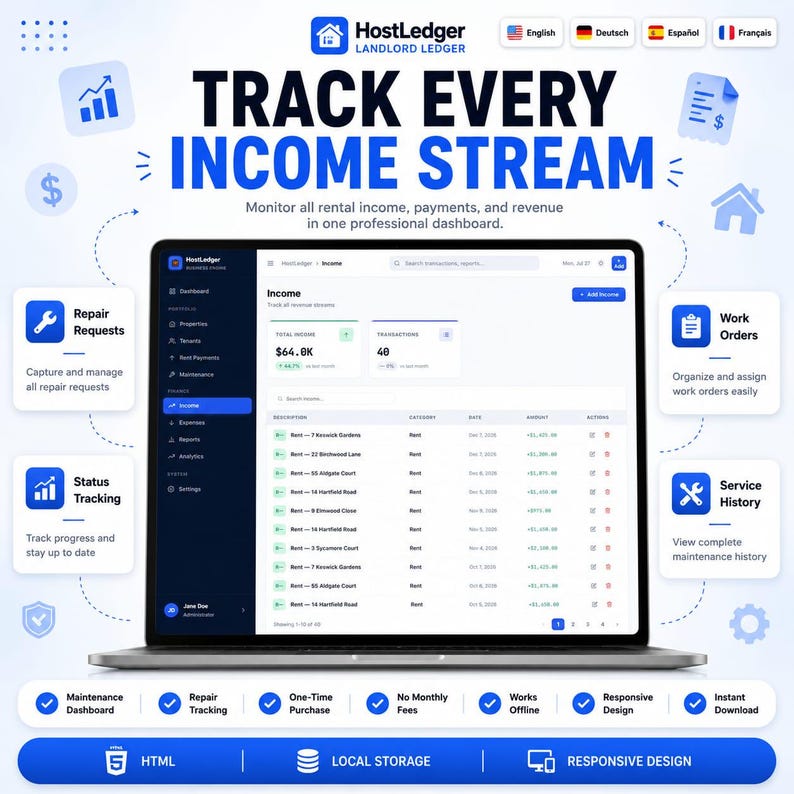 Puede incluir: Una interfaz de panel digital para el software HostLedger Landlord Ledger mostrada en una pantalla de port&aacute;til. La pantalla muestra una p&aacute;gina de seguimiento de ingresos con datos financieros, rodeada de iconos de gesti&oacute;n.