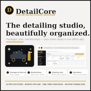 Peut inclure: Interface du logiciel DetailCore Car Detailing Studio Manager. Le graphique présente une icône de voiture noire avec un vaporisateur, un tableau de bord et du texte listant des fonctionnalités comme les forfaits, abonnements et rappels.