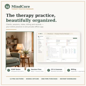 Software de gestión de consultas terapéuticas, aplicación de seguimiento de pacientes para terapeutas, organizador de notas de sesión, seguimiento de planes de tratamiento, facturación de servicios de asesoramiento.