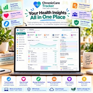 Può includere: Un portatile che mostra la dashboard di ChronicCare Tracker, con metriche sanitarie, tendenze dei sintomi e registri dei farmaci. Lo schermo presenta un'interfaccia con grafici, icone e testo che include 'Your Health Insights All in One Place' e 'Track. Learn. Live Stronger.' circondato da riquadri informativi.