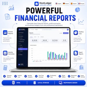 Puede incluir: Un ordenador port&aacute;til que muestra el panel de control de HostLedger con informes financieros, res&uacute;menes de beneficios y an&aacute;lisis empresariales. La pantalla presenta un gr&aacute;fico mensual, datos de ingresos, gastos y beneficios detallados.