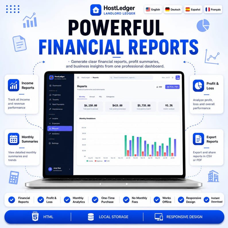 Puede incluir: Un ordenador port&aacute;til que muestra el panel de control de HostLedger con informes financieros, res&uacute;menes de beneficios y an&aacute;lisis empresariales. La pantalla presenta un gr&aacute;fico mensual, datos de ingresos, gastos y beneficios detallados.