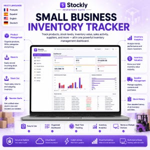 Könnte beinhalten: Ein digitales Bestandsverwaltungs-Dashboard auf einem Laptop-Bildschirm mit dem Titel Stockly Inventory Suite. Die Benutzeroberfläche zeigt Datentabellen, Balkendiagramme sowie Kennzahlen zu Gesamtprodukten, Bestandseinheiten und Warenwert.