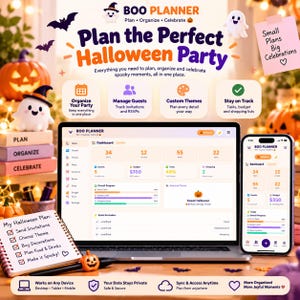 May include: A digital Boo Planner interface displayed on a laptop and smartphone screen, featuring a dashboard with party planning metrics, task lists, and budget trackers. The layout includes text headers, icons, and a notebook with a handwritten checklist.