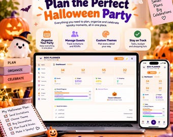 Halloweenfestplanerare Html-webbapp | Halloweenplanerare | Festarrangör | Evenemangsplanerare | Budgetspårare för gästlista | Direktnedladdning
