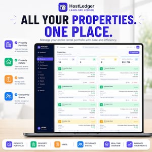 Puede incluir: Una pantalla de port&aacute;til que muestra la interfaz del software HostLedger para la gesti&oacute;n de propiedades. El panel muestra una lista de propiedades en alquiler con estado de ocupaci&oacute;n y alquiler mensual. Texto: All Your Properties. One Place.