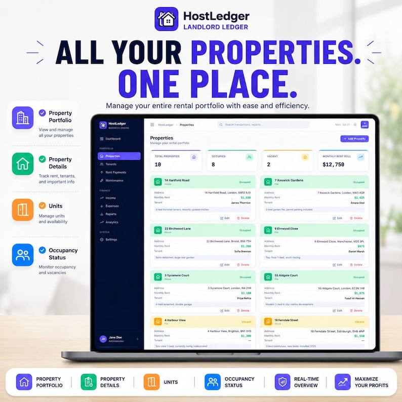 Puede incluir: Una pantalla de port&aacute;til que muestra la interfaz del software HostLedger para la gesti&oacute;n de propiedades. El panel muestra una lista de propiedades en alquiler con estado de ocupaci&oacute;n y alquiler mensual. Texto: All Your Properties. One Place.