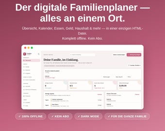 Familienplaner interaktiver Familien-Organizer HTML-App auf Deutsch: Familienplaner, Kalender, Tagesplaner, Wochenplaner Aufgabe, Finanzen