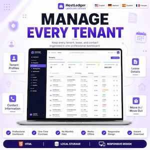 Puede incluir: Una pantalla de port&aacute;til que muestra el panel de control del software HostLedger Landlord Ledger, con una interfaz de gesti&oacute;n de inquilinos con columnas para nombres, propiedades, periodos de alquiler, dep&oacute;sitos y estado, rodeada de iconos y texto.