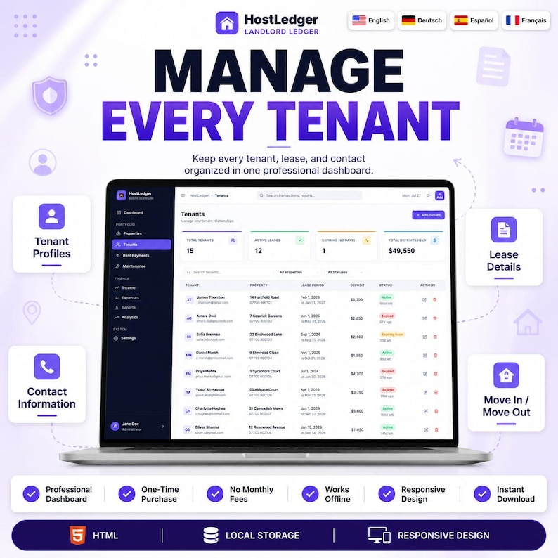 Puede incluir: Una pantalla de port&aacute;til que muestra el panel de control del software HostLedger Landlord Ledger, con una interfaz de gesti&oacute;n de inquilinos con columnas para nombres, propiedades, periodos de alquiler, dep&oacute;sitos y estado, rodeada de iconos y texto.
