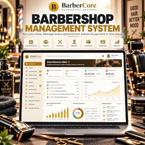 May include: A laptop displaying the BarberCore Barbershop Management System dashboard, featuring analytics, appointment tracking, and revenue data. The screen shows a user interface with icons for clients, services, and payments.
