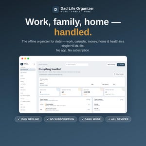 May include: A digital dashboard interface titled Dad Life Organizer with sections for work, family, and home. The screen displays a calendar, money tracker, and health logs. Text includes Work, family, home—handled, 100% OFFLINE, NO SUBSCRIPTION, DARK MODE, and ALL DEVICES.
