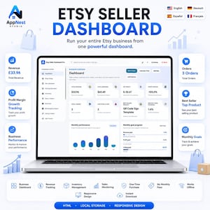 May include: A laptop displaying the Etsy Seller Dashboard Pro interface, featuring a business overview with revenue, expenses, profit, and order tracking metrics. The screen shows charts, monthly performance graphs, and navigation menus for shop management tools.