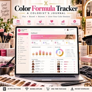 Könnte beinhalten: Ein Laptop mit dem Color Formula Tracker Dashboard, einem digitalen Journal für Coloristen. Der Bildschirm zeigt Analysen, Kundendaten und Formelprotokolle. Die Benutzeroberfläche enthält rosa Akzente, Diagramme und Listen von Haarfarben.