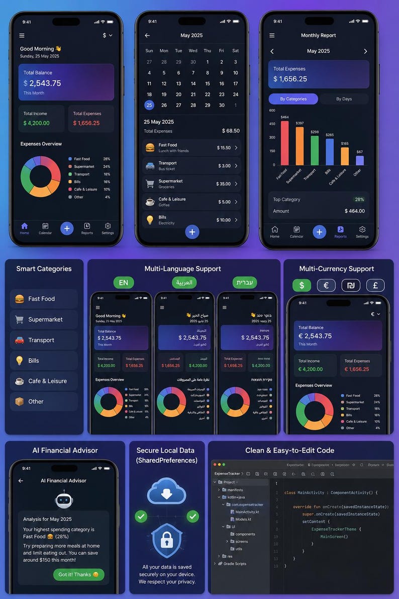 May include: A mobile application interface for expense tracking displayed on smartphones, featuring dark mode, financial dashboards with donut charts, bar graphs, calendar views, multi-language and multi-currency support, AI financial advice, and code snippets.