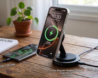 Fast Magnetic Wireless Charger | Dual USB Ports, MagSafe Compatible, Qi Charging