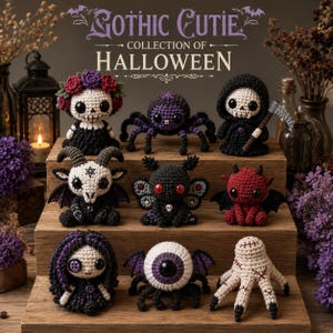May include: A collection of eight crocheted Halloween figures including a skull with flowers, a purple spider, a hooded skeleton with a scythe, a horned creature, a winged insect, a red devil, a doll with purple hair, an eyeball spider, and a hand.