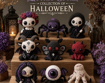 Könnte beinhalten: Eine Sammlung von acht gehäkelten Halloween-Figuren, darunter ein Totenkopf mit Blumen, eine lila Spinne, ein Skelett mit Kapuze und Sense, ein gehörntes Wesen, ein geflügeltes Insekt, ein roter Teufel, eine Puppe mit lila Haaren, eine Augapfel-Spinne und eine Hand.