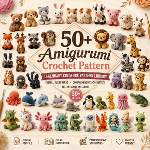 Op de afbeelding: Een verzameling van meer dan 50 kleine gehaakte amigurumi-dieren en wezens, waaronder een beer, kat, konijn, leeuw, olifant en draak. De centrale tekst luidt 50+ Amigurumi Crochet Pattern en 50+ Designs.