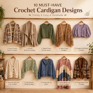 May include: A display of 10 crochet cardigan designs labeled with text including 1. Classic Granny Square Cardigan, 2. Chunky Waterfall Cardigan, 3. Ribbed Fitted Bomber Jacket, 4. Boho Fringe Cardigan, 5. Cropped Puff-Sleeve Cardigan, 6. Textured Cable-Knit Look Cardigan, 7. Lacy Summer Shrug/Cardigan, 8. Hooded Zip-Up Jacket, 9. Color-Block Long Duster Cardigan, and 10. Vintage Shawl-Collar Cardigan.