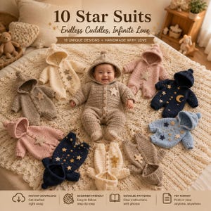 Puede incluir: Diez peleles de ganchillo para bebé con capucha, cada uno con motivos de estrellas o lunas en colores como crema, rosa, azul y azul marino. El texto 10 Star Suits Endless Cuddles, Infinite Love aparece sobre las prendas en una manta.