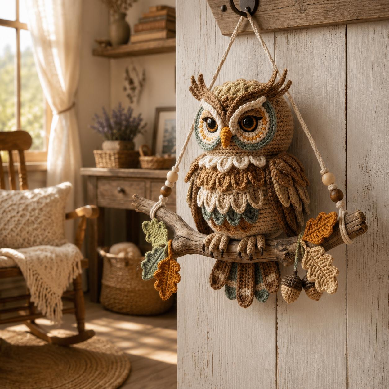 Crochet Owl Pattern PDF, Boho Wall Hanger, Branch Swing Decor, Fall Amigurumi Tutorial