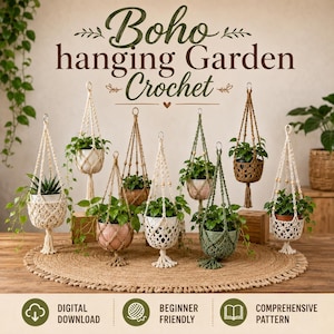 May include: A collection of eight crocheted plant hangers in various colors including cream, green, and brown, each holding a potted plant. The text "Boho hanging Garden Crochet" is displayed at the top, with icons for digital download below.