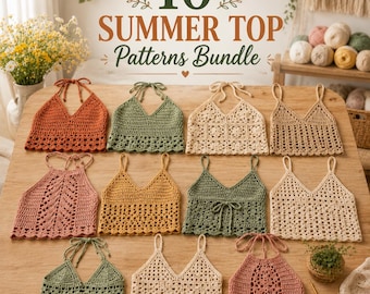 Puede incluir: Una colección de 10 tops de verano tejidos a ganchillo en varios colores, incluyendo óxido, verde salvia, beige y amarillo mostaza. El texto 10 SUMMER TOP Patterns Bundle aparece arriba. Cada top tiene patrones y escotes únicos.