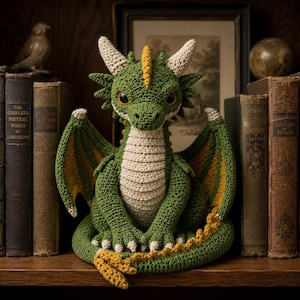 May include: A crocheted dragon plush toy featuring a green body, a cream-colored underbelly, and yellow accents along the spine and wings. The creature has two cream-colored horns, large dark eyes, and a long tail curled around its base.