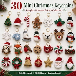 Può includere: Una collezione di 30 portachiavi natalizi in miniatura realizzati all'uncinetto con vari disegni festivi tra cui un albero, un cappello di Babbo Natale, un bastoncino di zucchero, un omino di pan di zenzero, un fiocco di neve, agrifoglio, pupazzo di neve, guanto, pattino, orso, renna, pinguino, gufo, volpe, uccello, biscotto, tazza, menta, pudding, ghirlanda, campana, ornamento, stella, Babbo Natale e gnomo.