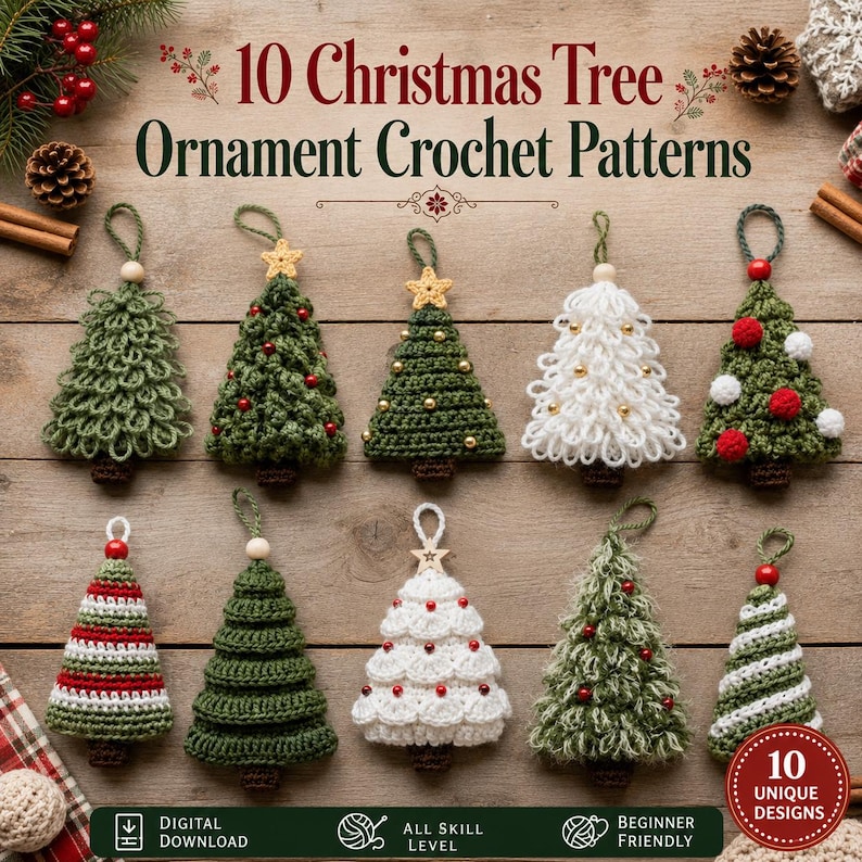 Crochet Christmas Tree Ornament Patterns | 10 Holiday Designs | PDF
