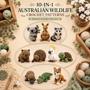 Puede incluir: Una colección de 10 patrones de ganchillo de fauna australiana, incluyendo un koala, canguro con cría, petauro del azúcar, wombat, equidna, cacatúa, tortuga, ornitorrinco, cocodrilo y dingo. El texto dice 10-IN-1 AUSTRALIAN WILDLIFE CROCHET PATTERNS.