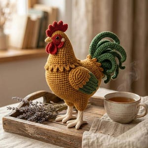 May include: A crocheted rooster figurine featuring a golden-brown body, a bright red comb and wattle, and dark green tail feathers. The handmade textile bird stands on light beige feet, showcasing intricate yarn stitching throughout its form.