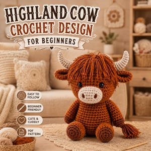 Może przedstawiać: Brązowa szydełkowana maskotka krowy rasy Highland z jasnobeżowym pyskiem i rogami. Powyżej znajduje się napis HIGHLAND COW CROCHET DESIGN FOR BEGINNERS. Ikony wskazują łatwość wykonania, przyjazność dla początkujących, urok i wzór PDF.