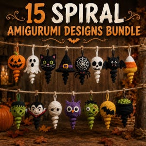 Virkat spiralmönster för Halloween-dekoration i PDF-format | Amigurumi-pumpa-spökskelett | Design för nybörjare