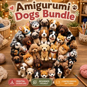 May include: A collection of various crocheted amigurumi dog figures in a circular arrangement. The image features the text Amigurumi Dogs Bundle at the top, with digital download, beginner friendly, and comprehensive patterns labels at the bottom.
